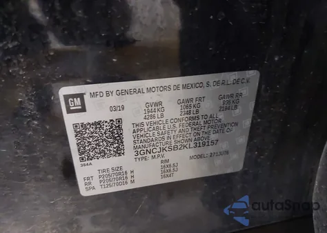2019 Chevrolet Trax Ls из США, поврежденный, VIN 3GNCJKSB2KL319157